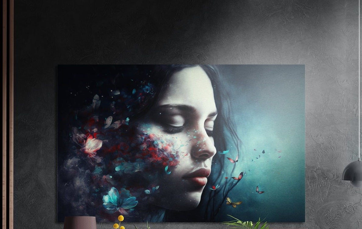 Dreamy woman profile with floating flowers brushed aluminum wall art on a dark textured wall above a lamp and plants