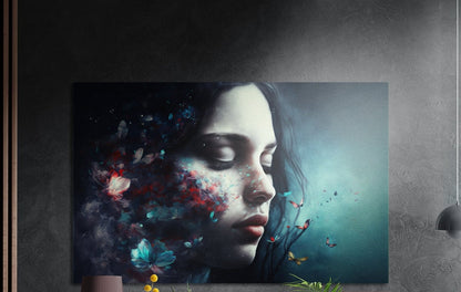 Dreamy woman profile with floating flowers brushed aluminum wall art on a dark textured wall above a lamp and plants