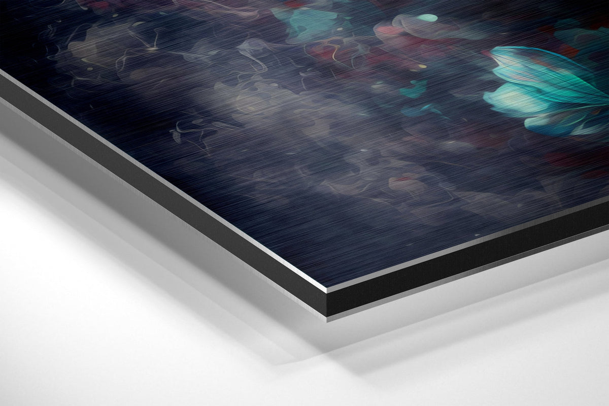 Dreamy woman profile with floating flowers brushed aluminum panel corner close-up showing the brushed metal grain