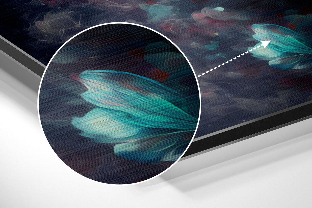 Magnified detail of the brushed metal grain showing through the dreamy woman profile with floating flowers print