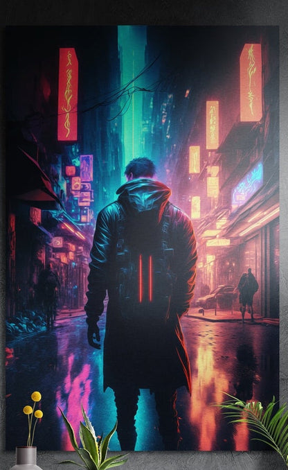Hooded figure in a neon city street brushed aluminum wall art on a dark wall behind yellow flowers and green plants