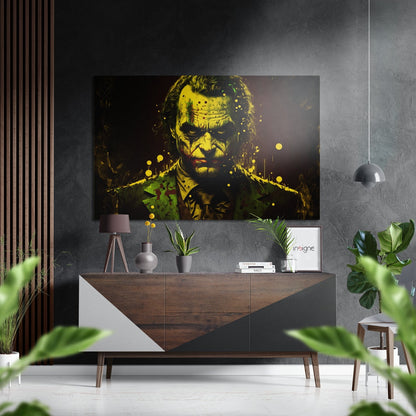 Acid yellow splatter clown face metal wall art