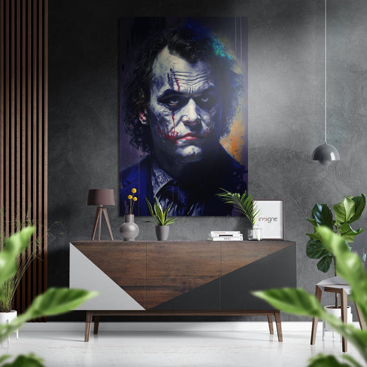 Violet painted weary clown face brushed aluminum wall art
