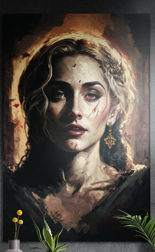 Golden curls woman portrait brushed aluminum wall art on a dark gray wall with plants at its lower corners