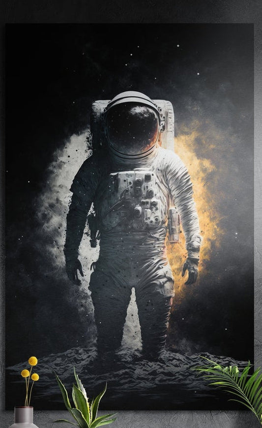 Moonwalking astronaut with a golden glow brushed aluminum wall art on a dark textured wall above a vase of yellow flowers