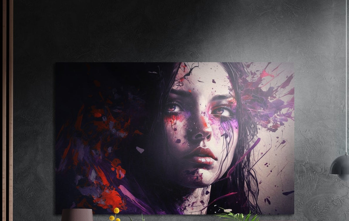 Purple splash girl portrait brushed aluminum wall art on a dark textured wall beside a hanging pendant lamp