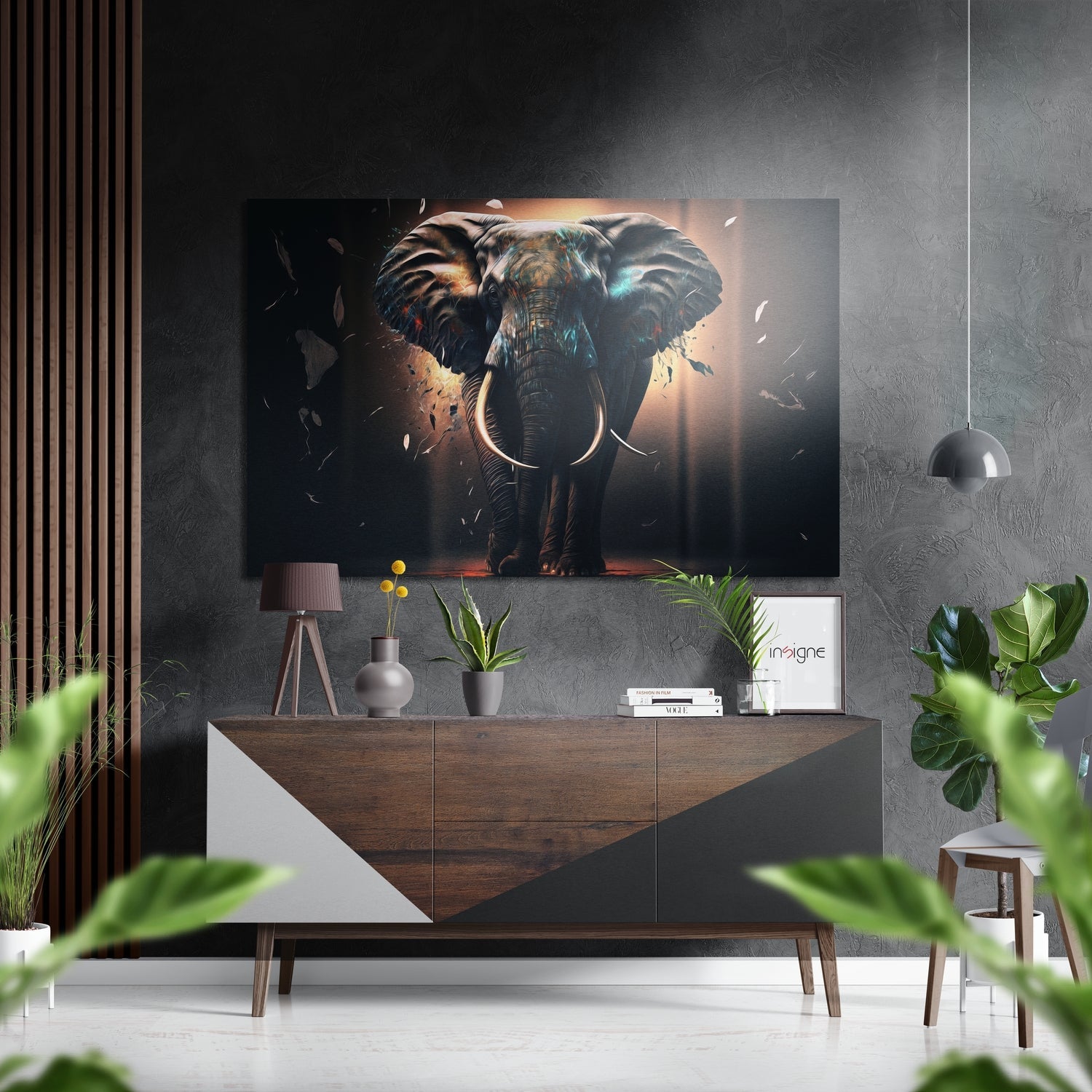 Colorful elephant portrait on brushed aluminum dibond metal print, vibrant wildlife art