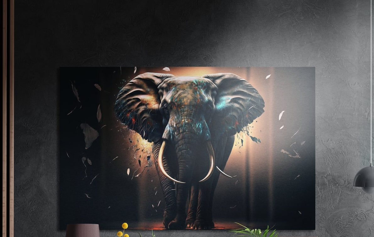 Backlit elephant brushed aluminum wall art on a dark wall above yellow flowers and plants