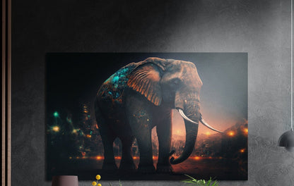 Elephant with glowing teal markings brushed aluminum wall art on a dark textured wall above a lamp and plants