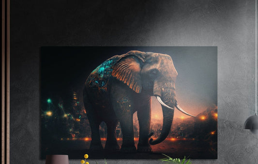Elephant with glowing teal markings brushed aluminum wall art on a dark textured wall above a lamp and plants