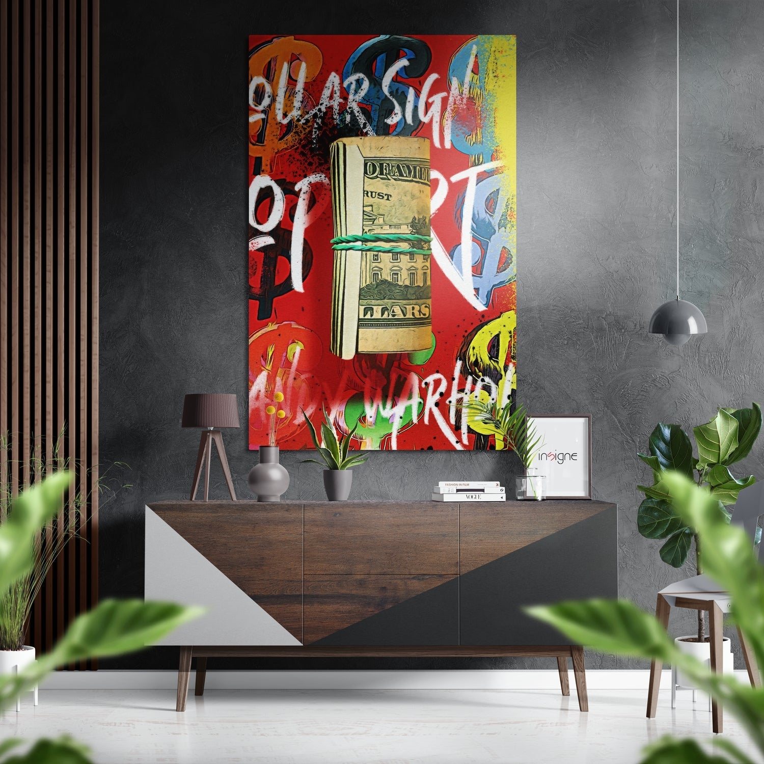 Dollar metal wall art with bold money-themed design