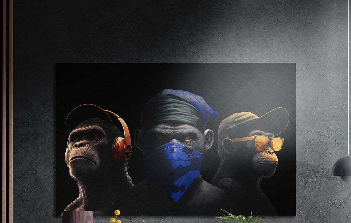 Three chimps in caps, headphones and a blue bandana on black brushed aluminum wall art above yellow flowers and plants