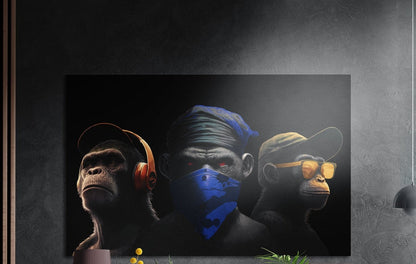 Three chimps in caps, headphones and a blue bandana on black brushed aluminum wall art above yellow flowers and plants