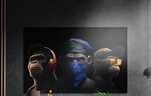 Three chimps in caps, headphones and a blue bandana on black brushed aluminum wall art above yellow flowers and plants