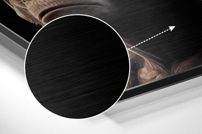 Magnified detail of the brushed metal grain showing through the three chimps in caps and headphones print