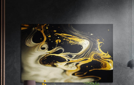 Liquid swirl of cream, black and gold with gold flecks, brushed aluminum wall art on a dark wall above a sideboard