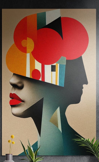 Geometric woman profile with red lips and red circles, brushed aluminum wall art on a dark wall above plants