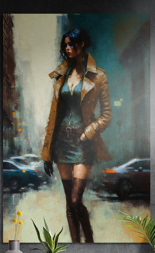 Woman in a tan trench coat walking a city street, brushed aluminum wall art on a dark wall above yellow flowers and plants