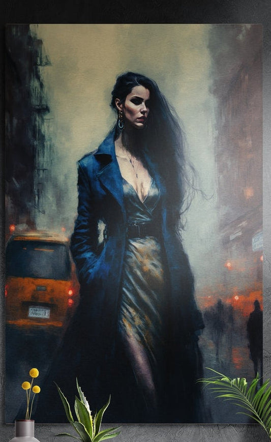 Woman in a blue coat on a misty city street, brushed aluminum wall art on a dark wall above yellow flowers