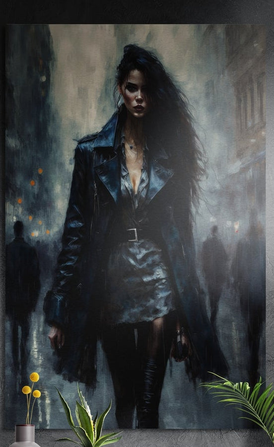 Woman in a black leather coat on a rainy city street, brushed aluminum wall art on a dark wall above plants