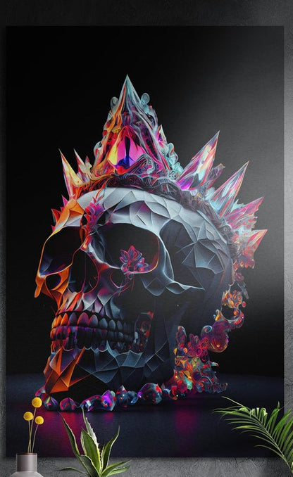 Crystal spiked crown skull brushed aluminum wall art on a dark gray wall with plants at its lower corners