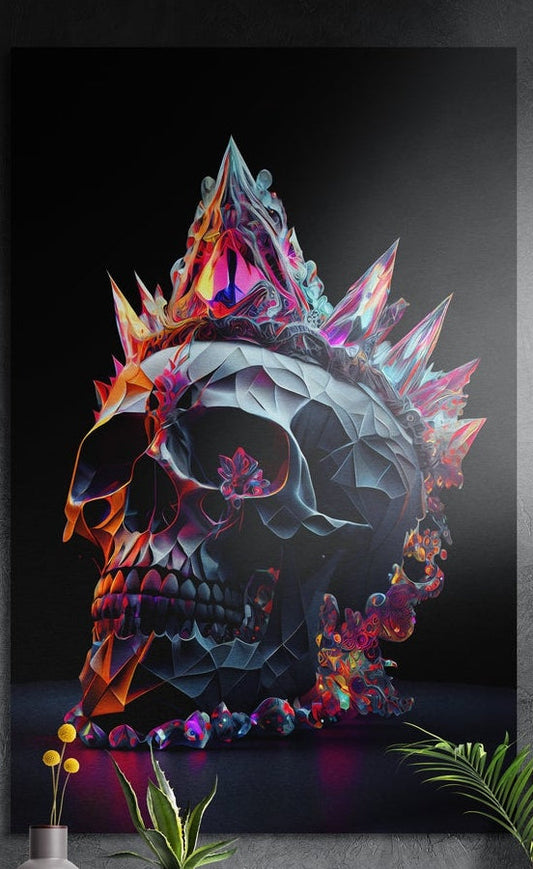 Crystal spiked crown skull brushed aluminum wall art on a dark gray wall with plants at its lower corners