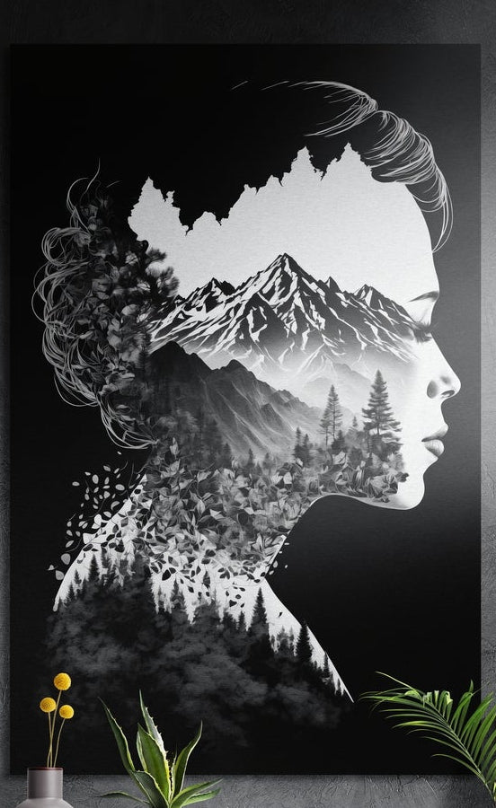 Black and white profile of a woman whose head holds snowy mountains and pine forest, brushed aluminum wall art above plants