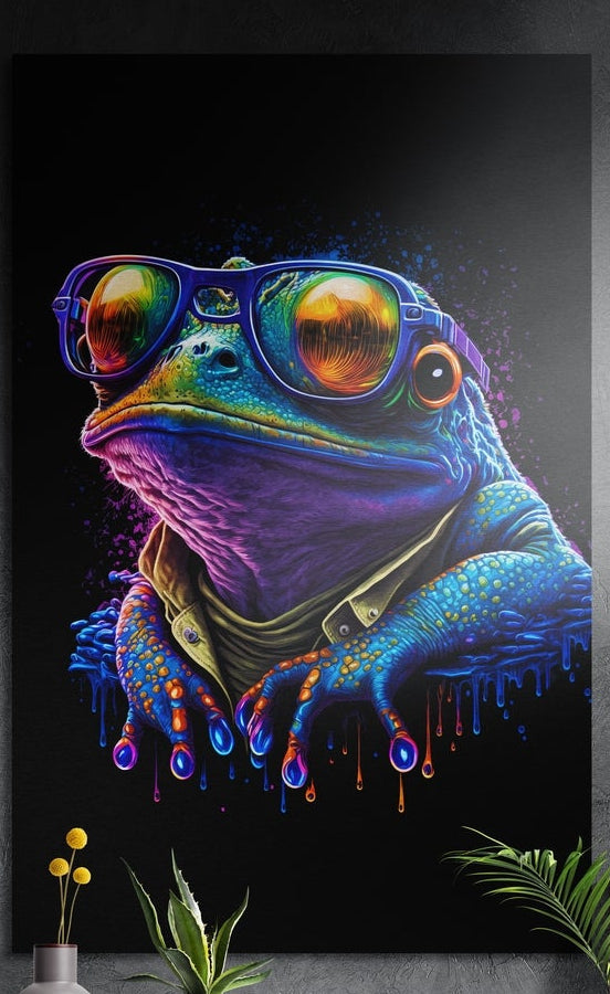 A neon blue and purple frog in sunglasses with paint drips on black brushed aluminum wall art above yellow flowers and plants
