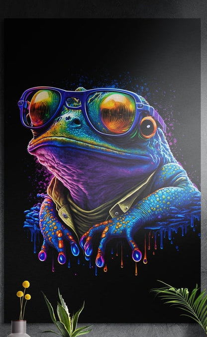 A neon blue and purple frog in sunglasses with paint drips on black brushed aluminum wall art above yellow flowers and plants