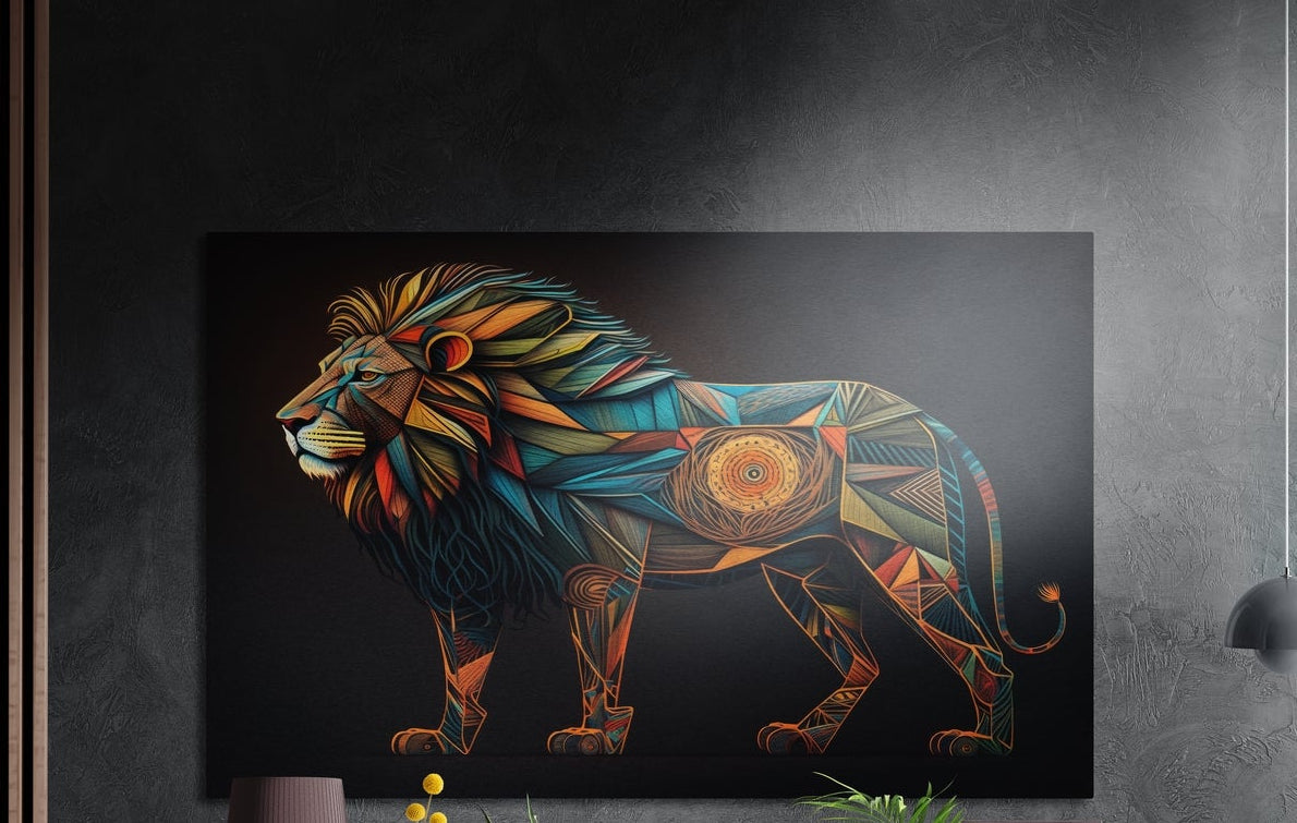 Geometric mosaic lion brushed aluminum wall art on a dark wall above yellow flowers and plants