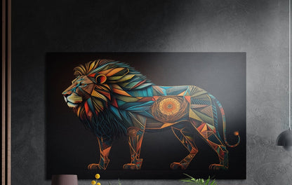 Geometric mosaic lion brushed aluminum wall art on a dark wall above yellow flowers and plants