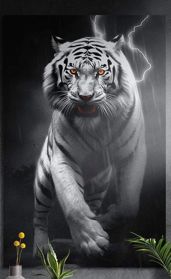 White tiger stalking forward under lightning, brushed aluminum wall art on a gray wall above yellow flowers