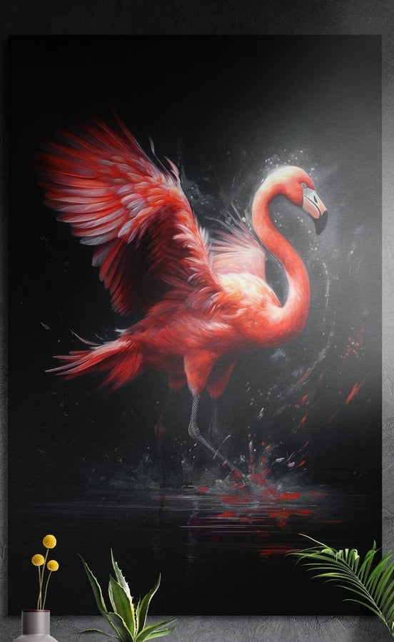 Red flamingo brushed aluminum wall art on a dark textured wall above a vase of yellow flowers and plants