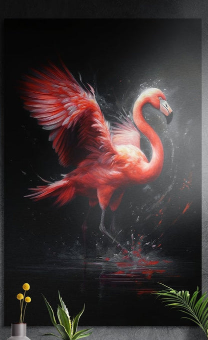 Red flamingo brushed aluminum wall art on a dark textured wall above a vase of yellow flowers and plants