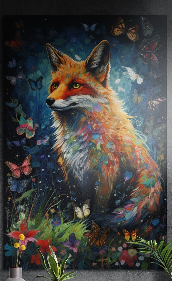 Red fox in butterflies and wildflowers brushed aluminum wall art on a dark wall behind yellow flowers and green plants
