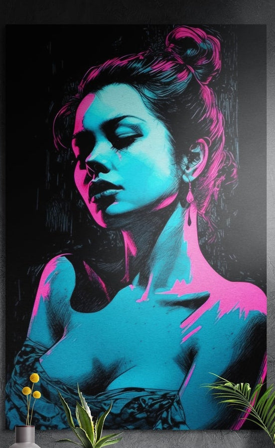 Pink and teal duotone woman brushed aluminum wall art on a dark textured wall above yellow flowers and plants