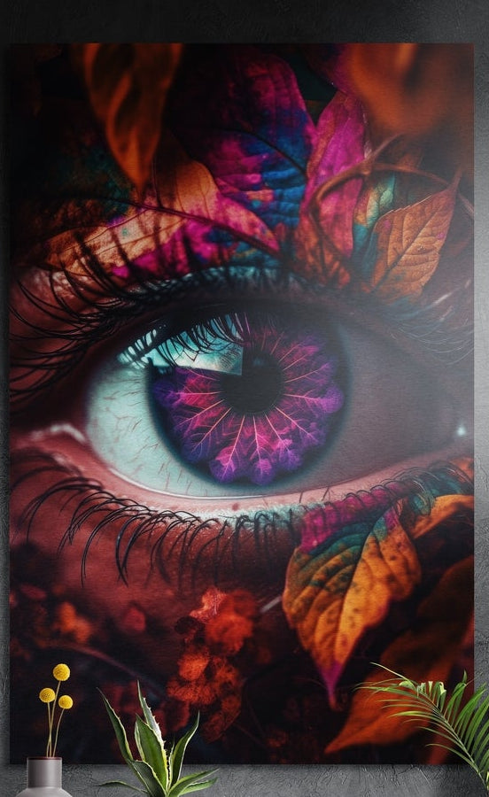 Magenta eye among autumn leaves, brushed aluminum wall art on a dark textured wall behind plants