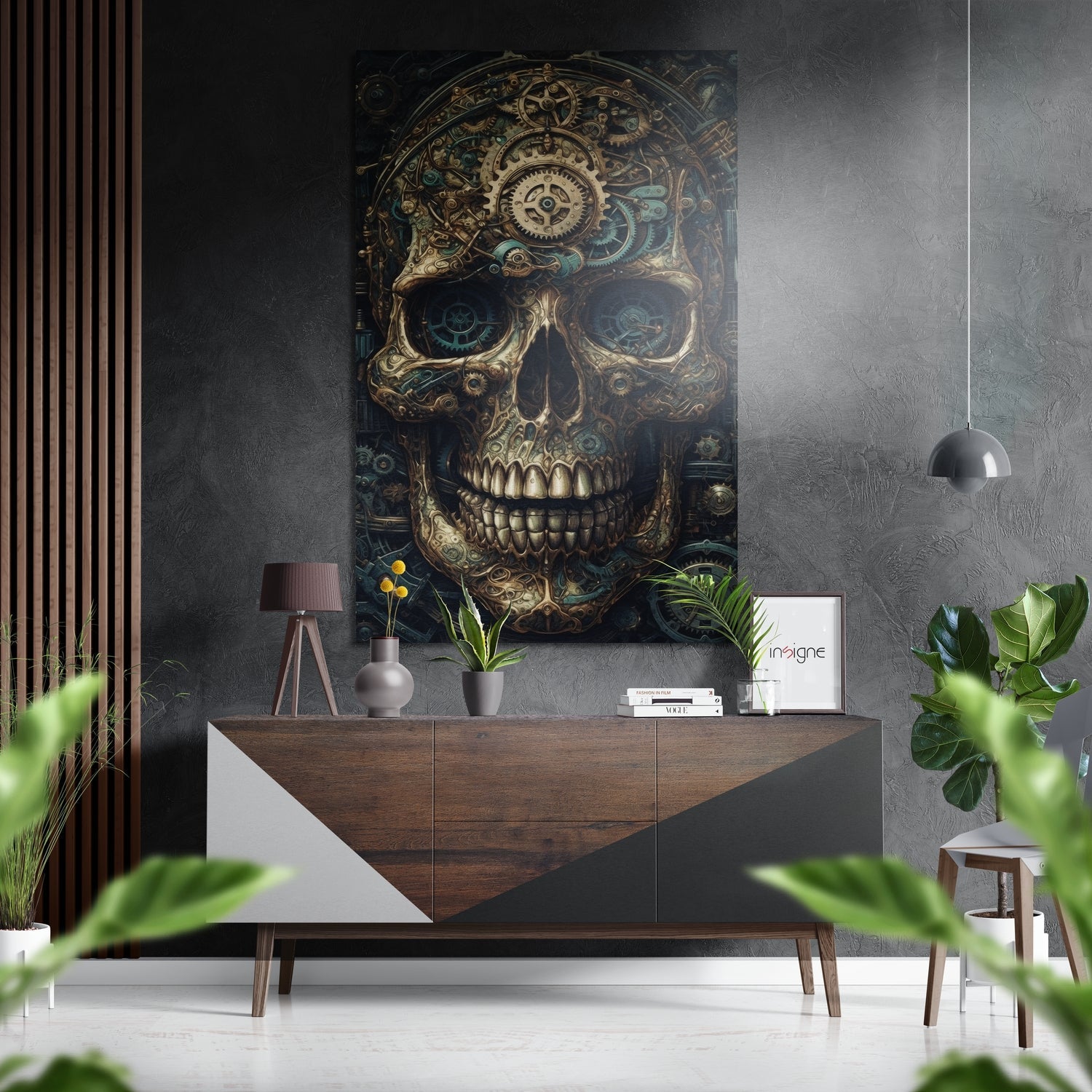 Steampunk Gear Skull metal wall art in gold brushed aluminum dibond
