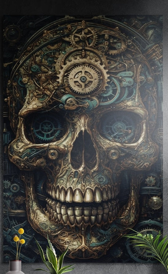 Steampunk gear skull in gold brushed aluminum wall art on a gray concrete wall above small plants