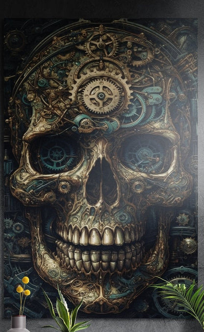 Steampunk gear skull in gold brushed aluminum wall art on a gray concrete wall above small plants