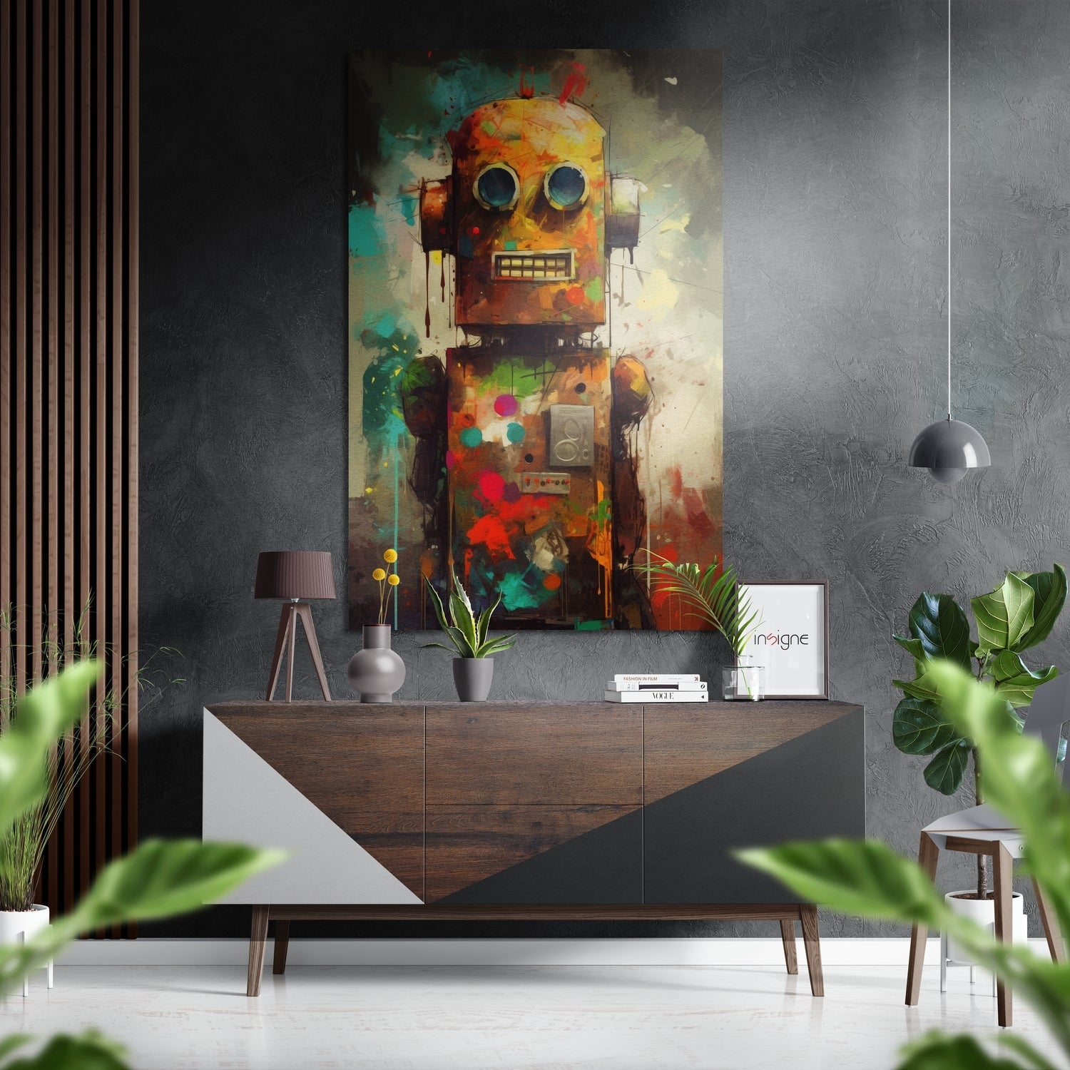 Robot metal wall art with bold, futuristic modern design
