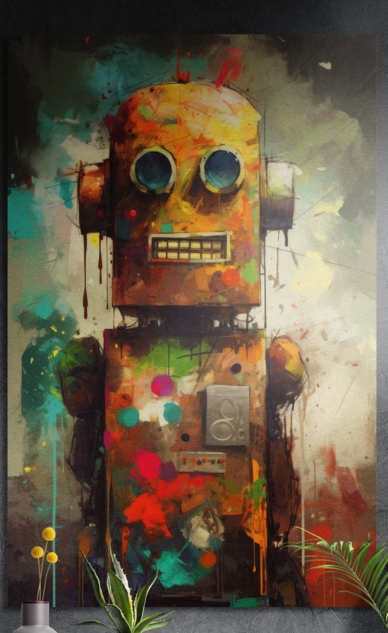 Retro robot in colorful paint splashes, brushed aluminum wall art on a dark gray wall above yellow flowers