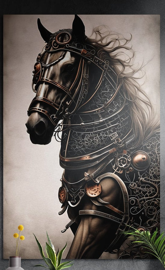 Armored war horse in black and bronze filigree, brushed aluminum wall art on a dark wall above plants