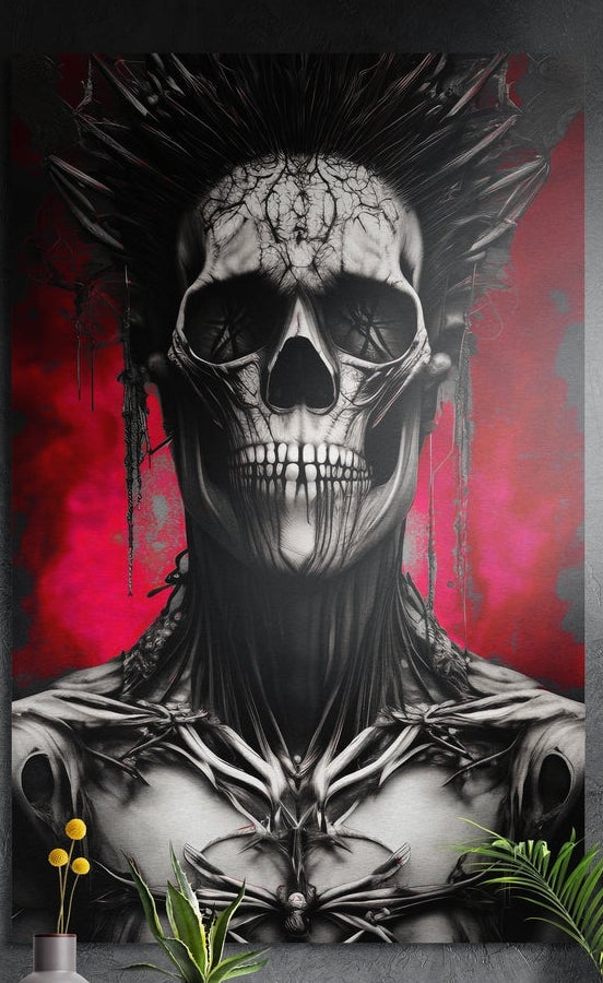 Skull face warrior with black spikes on crimson, brushed aluminum wall art on a dark wall above plants
