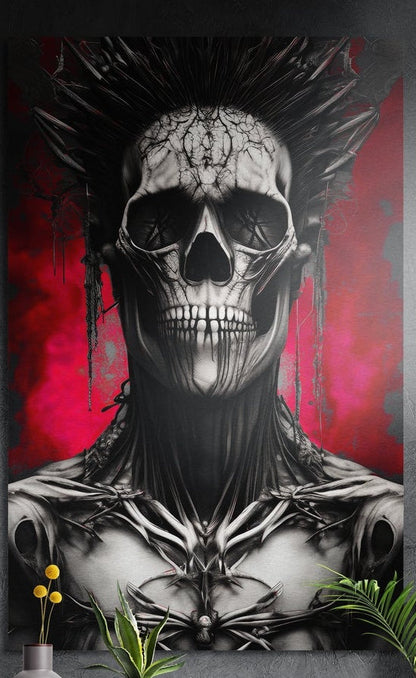 Skull face warrior with black spikes on crimson, brushed aluminum wall art on a dark wall above plants