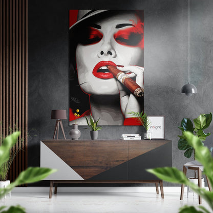 Red fedora woman metal wall art