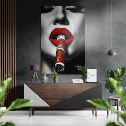 Red Lips Biting Cigar metal wall art pop-art design