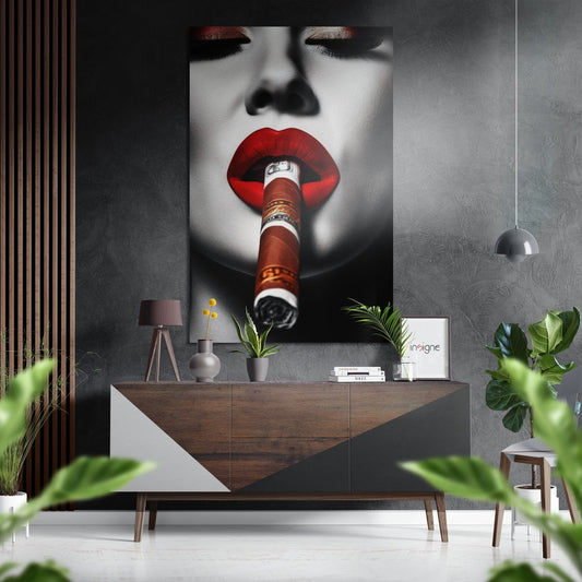 Red Lips Biting Cigar metal wall art pop-art design
