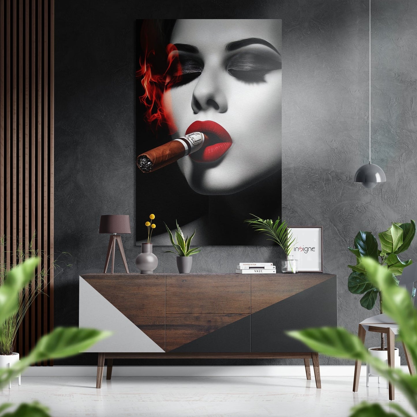 Red smoke cigar woman metal wall art