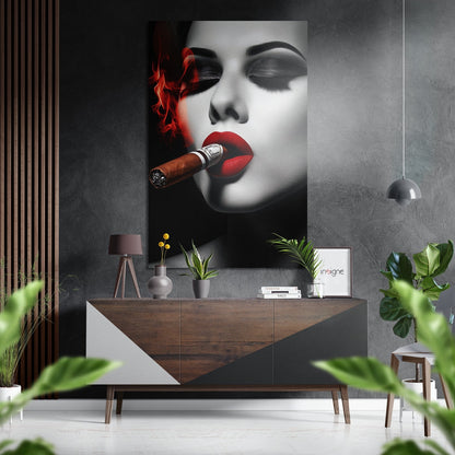 Red smoke cigar woman metal wall art